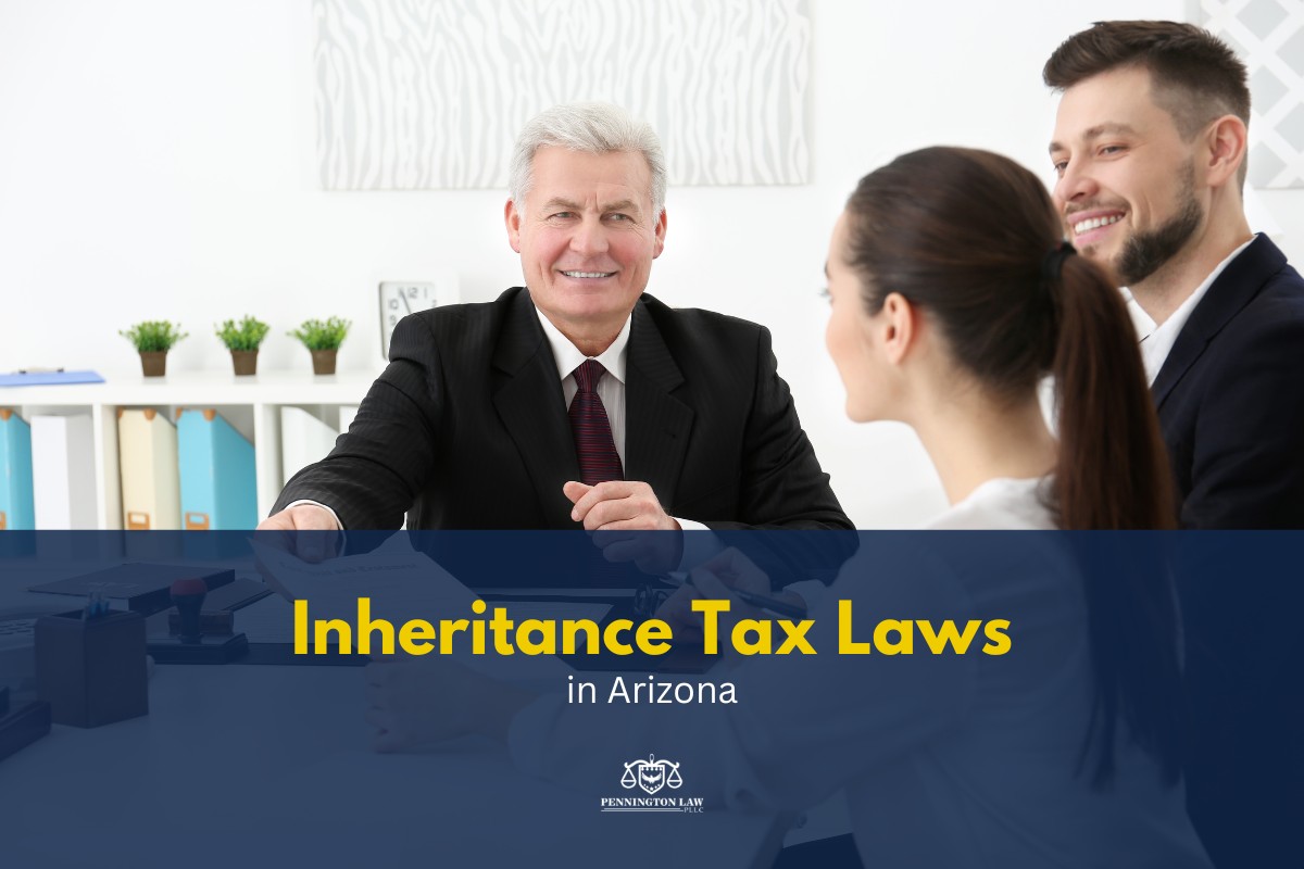 A smiling attorney in a black suit hands a legal document to a couple while guiding them on inheritance tax laws in Arizona.